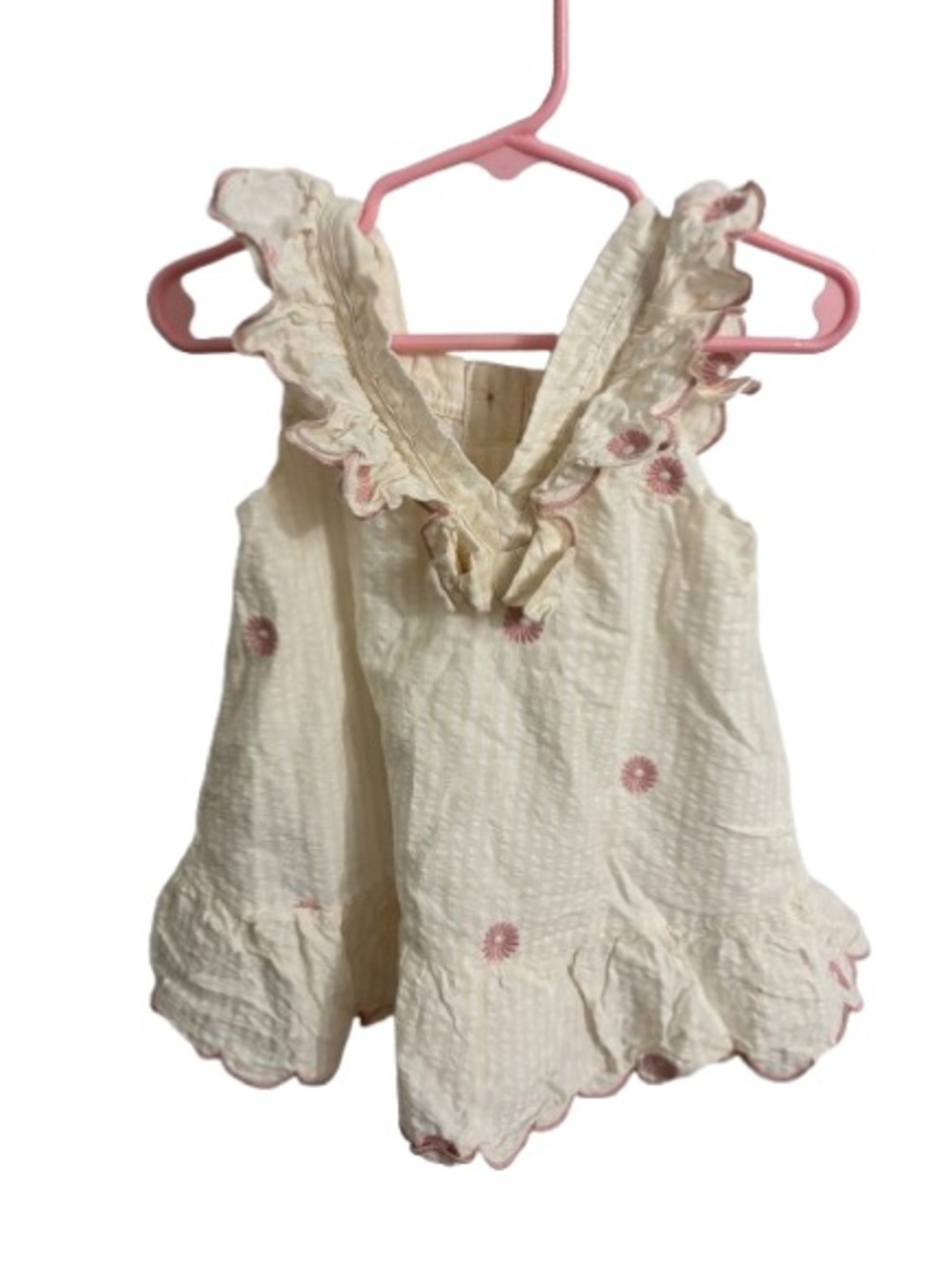 Girls' Cream Ruffled Dress with Pink Embroidery